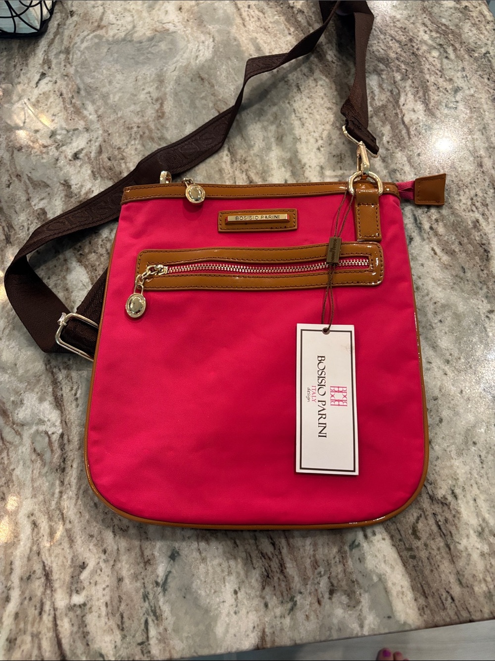 Hot Pink Crossbody Bag with Brown Trim